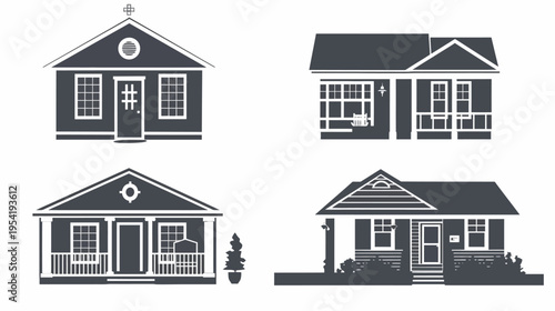 Silhouette drawings of four houses with diverse architecture styles