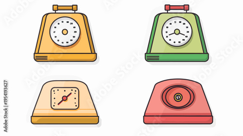 Four outlined, colorful kitchen scales with different faces, atop a white background