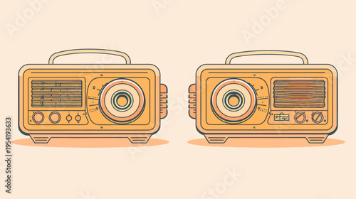 Two retro-style radios are facing each other with beige and orange coloring