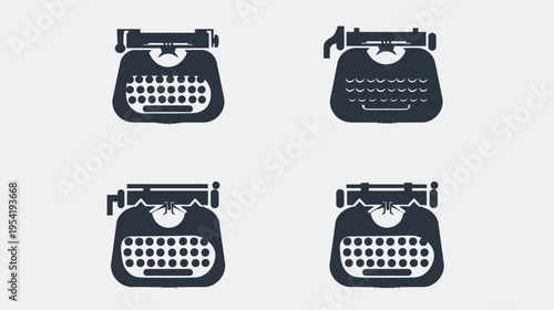 Four simplified icons of typewriters, with keys shown as circles and waves
