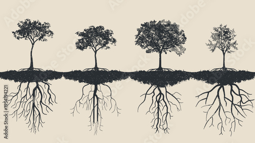 Four silhouetted trees with visible roots, set against a light, neutral background