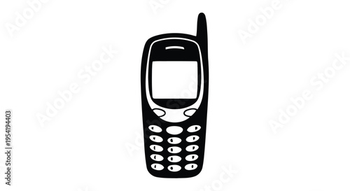 A black and white illustration of a vintage mobile phone with an antenna
