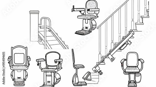 Black and white line drawing showing various arrangements of stair lift chair designs