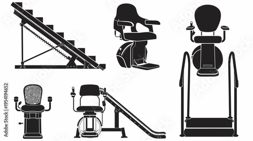 Silhouette image depicting various stair lifts and mobility aids, isolated on white
