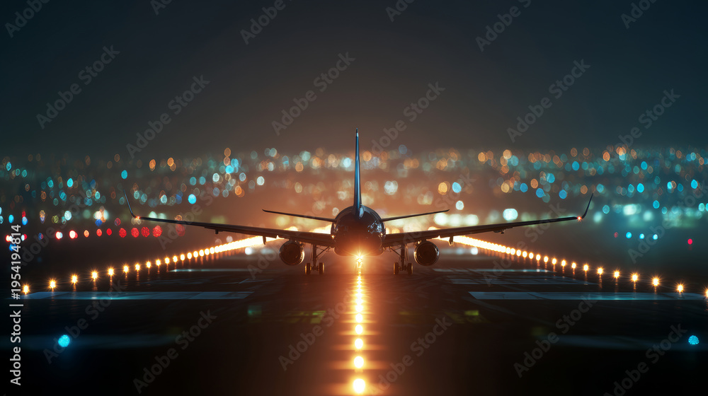 Fototapeta premium Commercial passenger airplane on runway at night, preparing for taking off, city lights in background