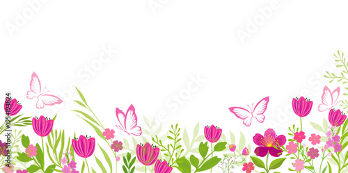 Long horizontal banner with pink flowers with butterflies . Hand drawn. Not AI, vector illustration.
