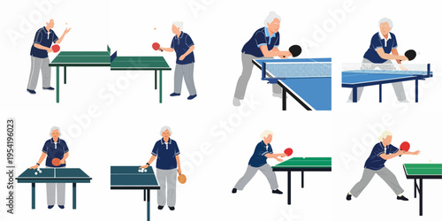 Collection of flat vector illustrations featuring active elderly people playing table tennis, showcasing healthy lifestyles and sports for seniors in retirement.