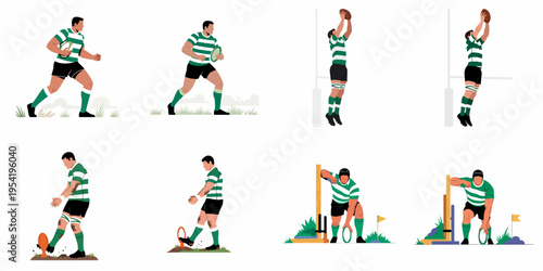 Set of vector illustrations depicting a rugby player in different action poses such as running, jumping, kicking, and scrimmaging on a white background.