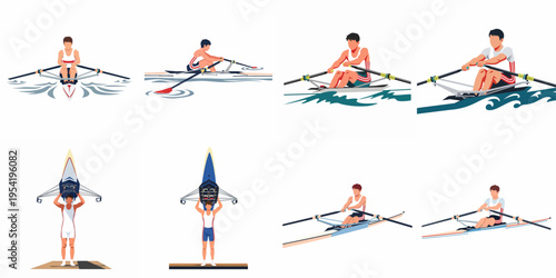 Collection of flat vector illustrations depicting male athletes engaged in rowing and sculling activities on water and carrying equipment.