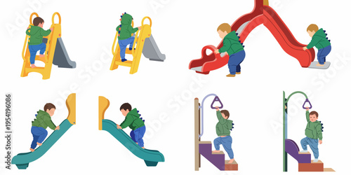 Set of flat illustrations of a toddler wearing a dinosaur hoodie climbing and playing on various playground equipment such as slides and ladders.