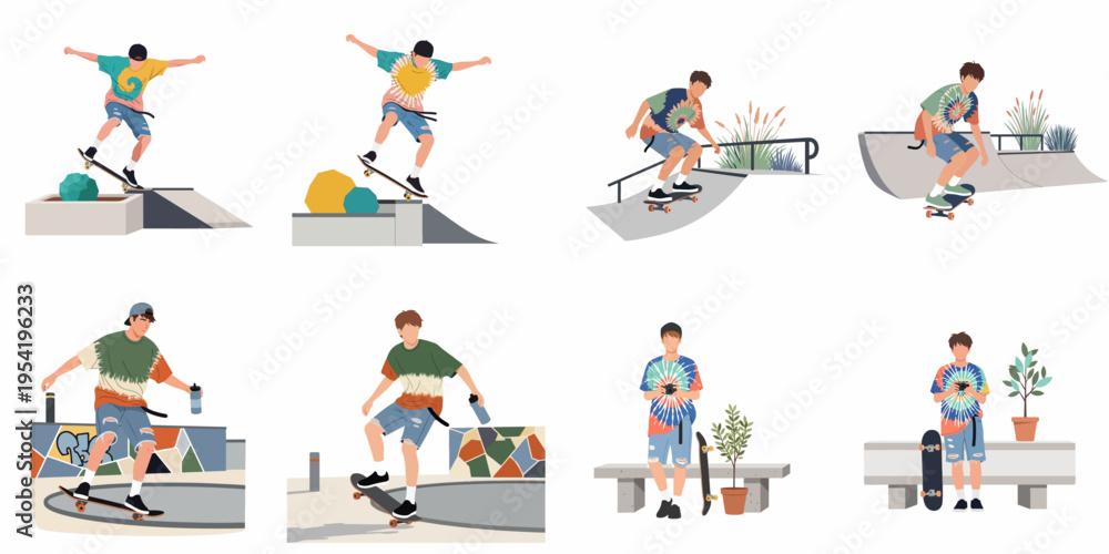 Fototapeta premium Set of flat illustrations featuring a young male skateboarder performing tricks, riding, and posing in various skatepark settings isolated on white.