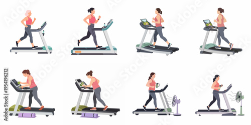 A collection of diverse women running and walking on treadmills for fitness and health, showing different workout stages and equipment accessories.