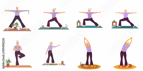 A set of illustrations showing an active senior woman practicing various yoga poses for health and wellness.