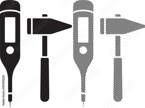 Assorted styles of hammers and a mallet depicted in a simplified line drawing format