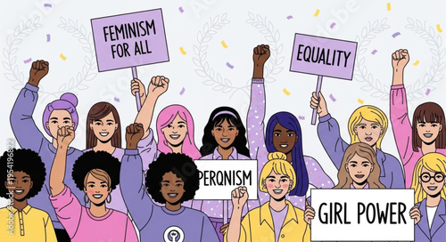 Diverse group of women holding signs advocating for feminism and equality.