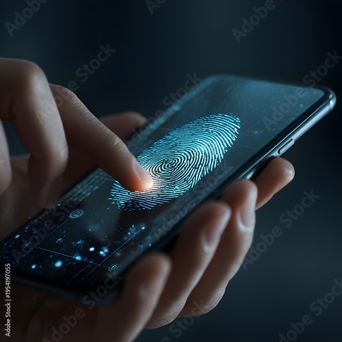 Close up of hand holding smartphone with fingerprint unlock interface modern security and digital access concept