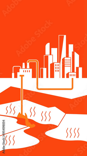 Geothermal energy power plant diagram supplying electricity and heat to a modern city skyline