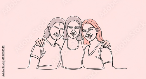 Three young women friends embrace in a simple line drawing.