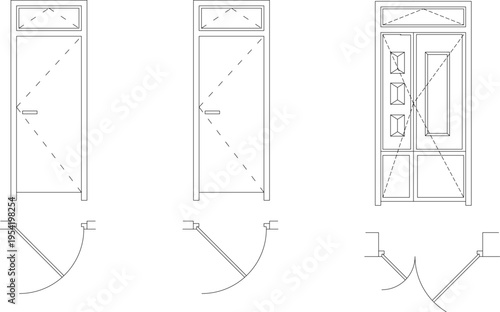 Technical architectural drawing showing three door designs with transom windows and swing diagrams indicating opening direction in elevation and plan view.