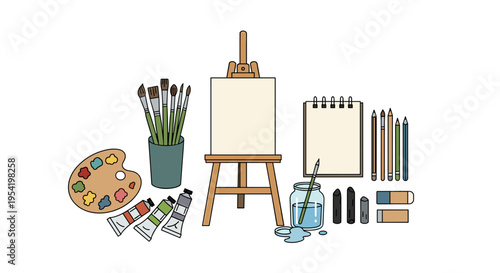 Artist painting supplies with blank canvas on wooden easel in colorful vibrant lighting for art education