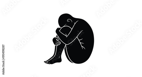 Sad person sitting alone in depression isolated on white background, silhouette of a man with head in hands feeling anxious or stressed