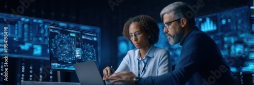 Two professionals analyze complex data visualizations on multiple monitors in a high-tech control room with futuristic blue lighting.