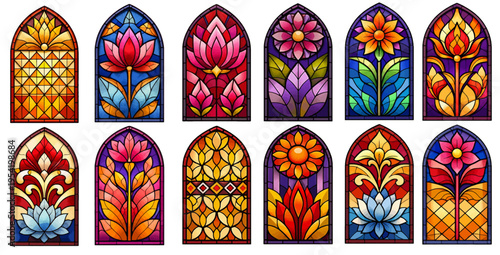A beautiful collection of watercolor cathedral stained glass windows with mosaic floral designs, isolated on a transparent background.