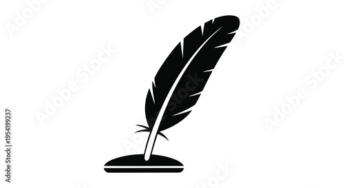 A black silhouette of a classic quill pen with a detailed feather design