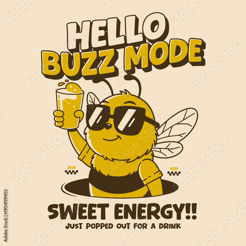Cartoon bee wearing sunglasses drinking.