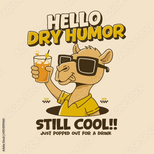 Cartoon camel wearing sunglasses drinking.