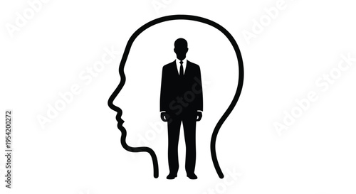 Businessman standing inside thought bubble, conceptual illustration of corporate leadership and mental strategy