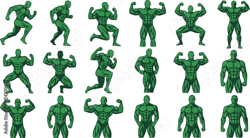 Collection of Stylized Green Muscular Body Silhouettes
