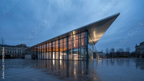 A modern glass building with a unique roof design at dusk