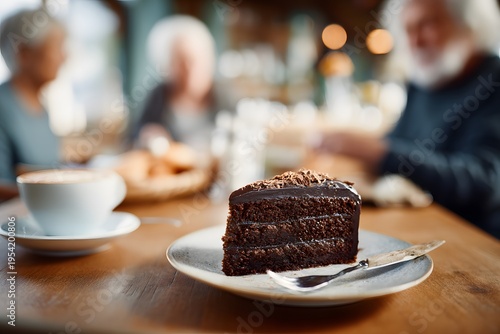 Charming cafe serf decadent triple layer chocolate cake group of old friend they reminisce about past adventure rainy afternoon clean professional stock photo sharp macro photography style cinematic