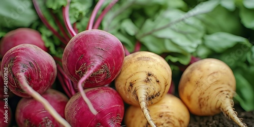 Vibrant Close Up of Freshly Harvested Beets with Rich Soil, Showcasing Red and Golden Varieties
