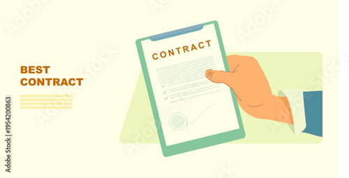 Contract document in humans’ hand, document for sign, concept of job offer, hiring concept, recruitment, illustration for business landing page