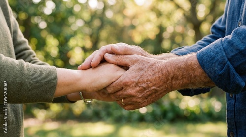 Close up of an older person and a younger person holding hands for comfort and support with blurred nature background