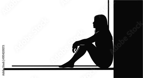 Sad lonely woman sitting alone in darkness silhouette isolated on white background depression anxiety concept