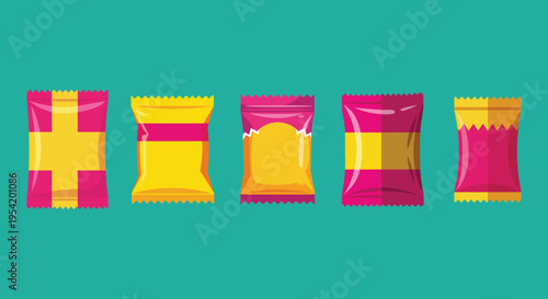 Colorful Snack Packaging Set Chips Candy Bags Flat Vector Mockup Collection