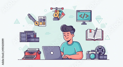 Illustration of a person working on a laptop surrounded by creative tools.
