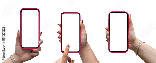 Three poses of a female hand holding a pink smartphone with a white screen on a white background