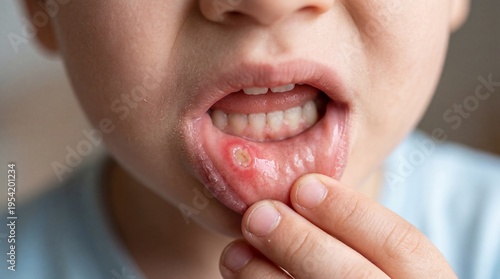 Close up of a painful aphthous ulcer canker sore on the inner lower lip of a child
