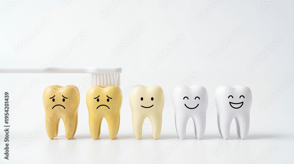 Fototapeta premium Toothbrush cleaning row of yellow and white tooth models with happy and sad faces on white background