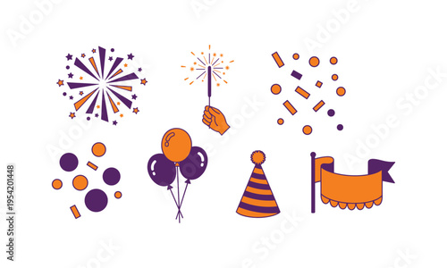 Colorful celebration icons featuring party elements and decorations in purple and orange
