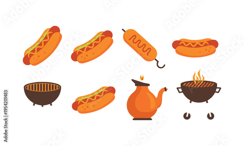 Varieties of grilled sausages and cooking methods illustrated with icons