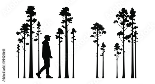 Man walking alone through tall trees forest silhouette isolated on white background nature outdoor scenery