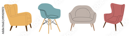Colorful armchairs sit side by side. Each style shows unique comfort and charm. Modern lines suit cozy or stylish interiors. No people, no animals, no plants in this image. Ideal for home decor