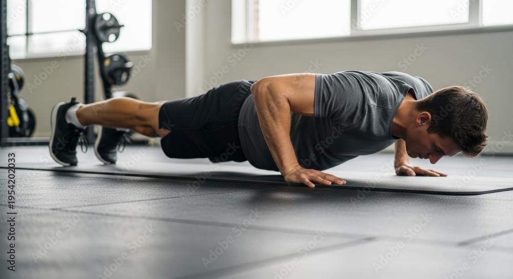 Fototapeta premium Fit man performing push-ups on gym floor with focused expression