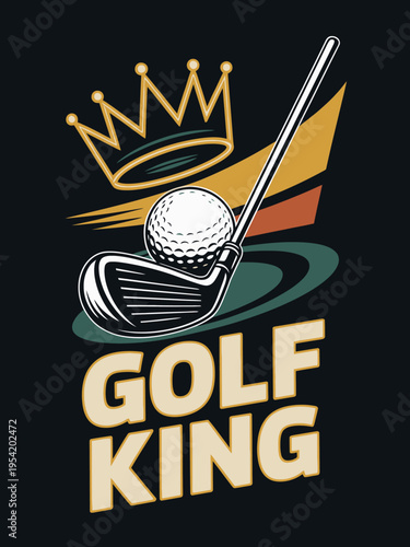 A graphic design features a stylized golf club and ball The text 'Golf King' appears prominently below the image.