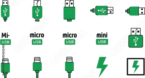 Collection of Green USB and Charging Connector Icons
